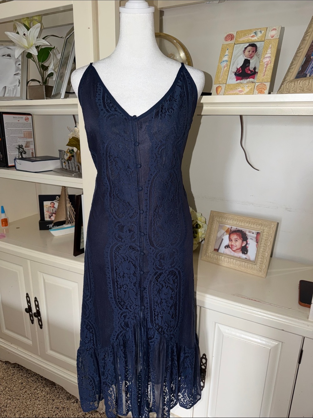 Lulu's Navy Lace Button-Front Midi Dress